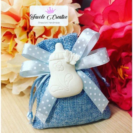 Sacchetto juta celeste BIBERON Gessetto profumato nascita battesimo