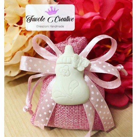 Sacchetto juta rosa BIBERON Gessetto profumato nascita battesimo
