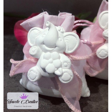Sacchetto Portaconfetti Nascita Bambina con Gessetto Profumato a Forma di Elefantino