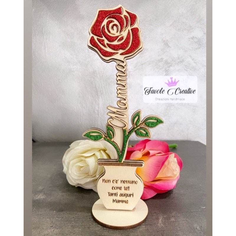 ROSA 3D IN LEGNO FESTA DELLA MAMMA CON TESTO PERSONALIZZATO