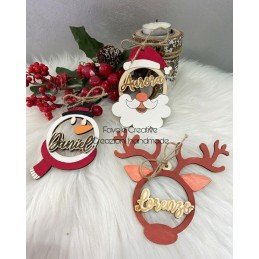 Palline in legno con nome babbo natale renna e pupazzo di neve
