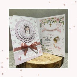 Invito Prima Comunione Bambina con Fiocco Rosa Antico e Grafica Floreale Personalizzata
