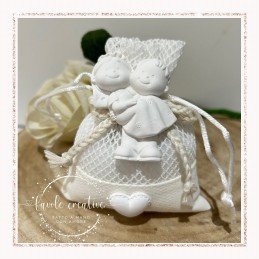 Sacchetto shabby chic bianco con cuoricino e sposini