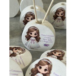 Profumatore Rotondo Prima Comunione Bambina 6,5 cm | Bomboniera Personalizzata con Frase