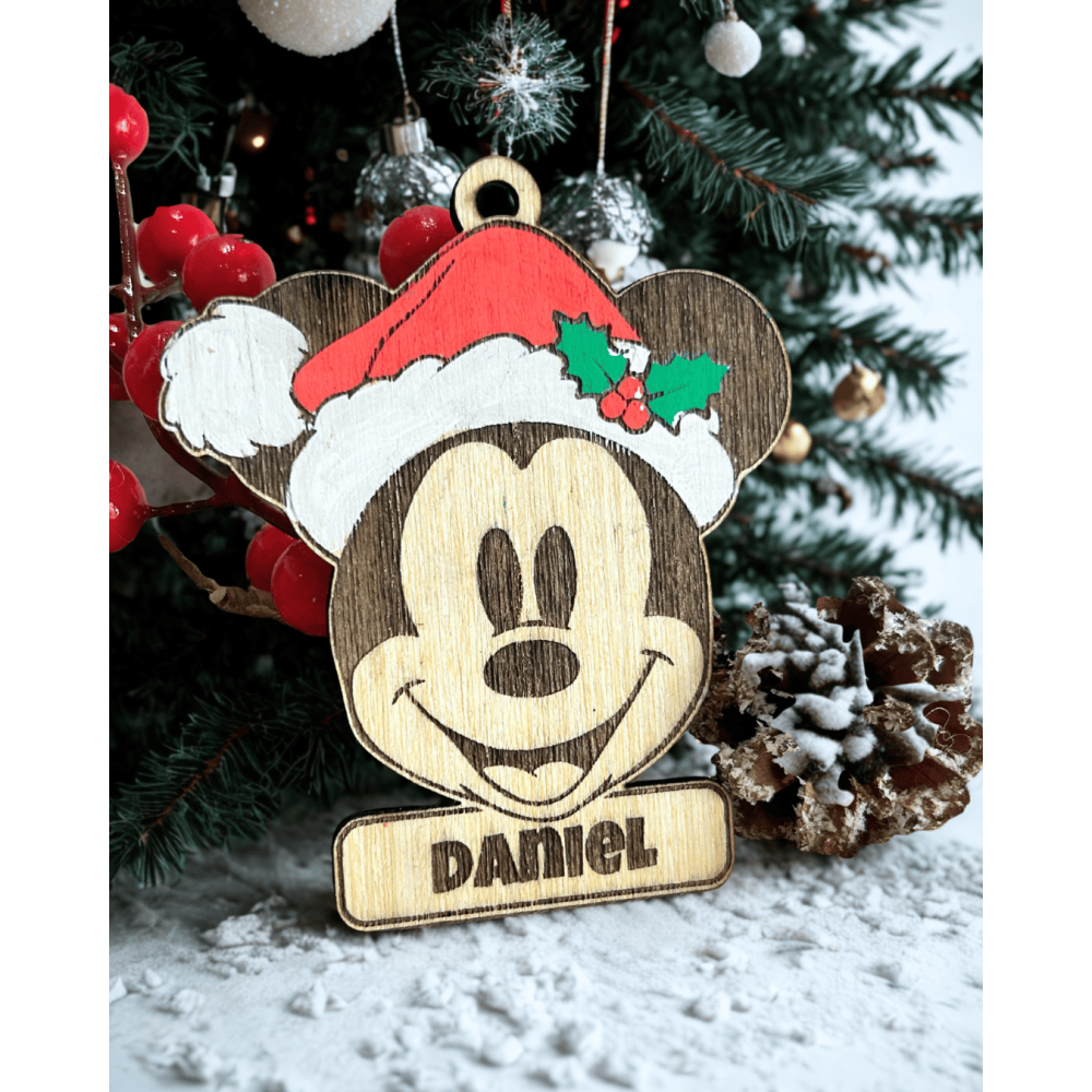 Decorazione Albero di Natale Personalizzata in Legno – Topolino Natalizio con Nome