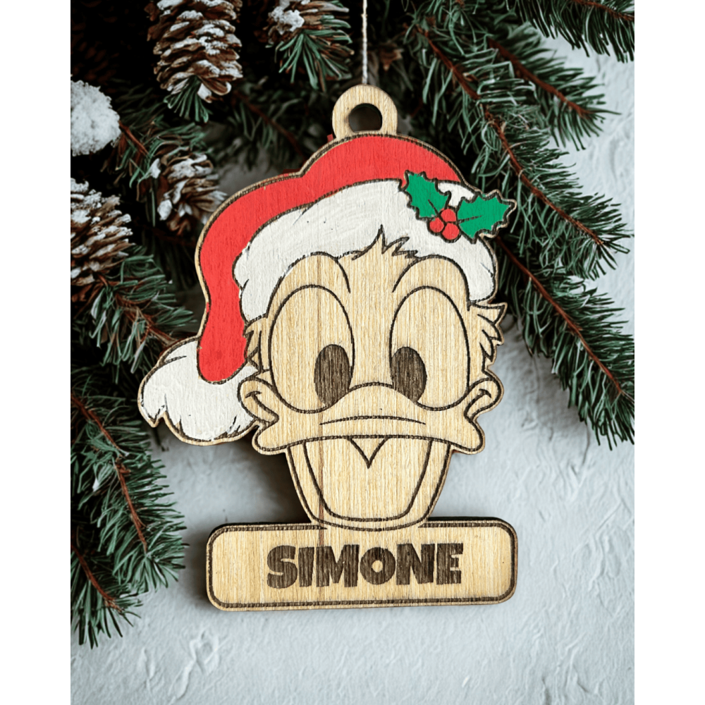 Decorazione Albero di Natale Personalizzata in Legno – Paperino Natalizio con Nome