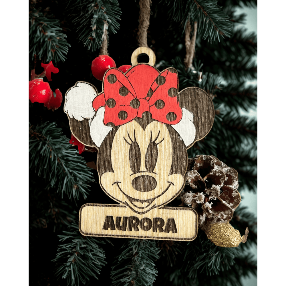 Decorazione Albero di Natale Personalizzata in Legno – Minnie Natalizia con Nome