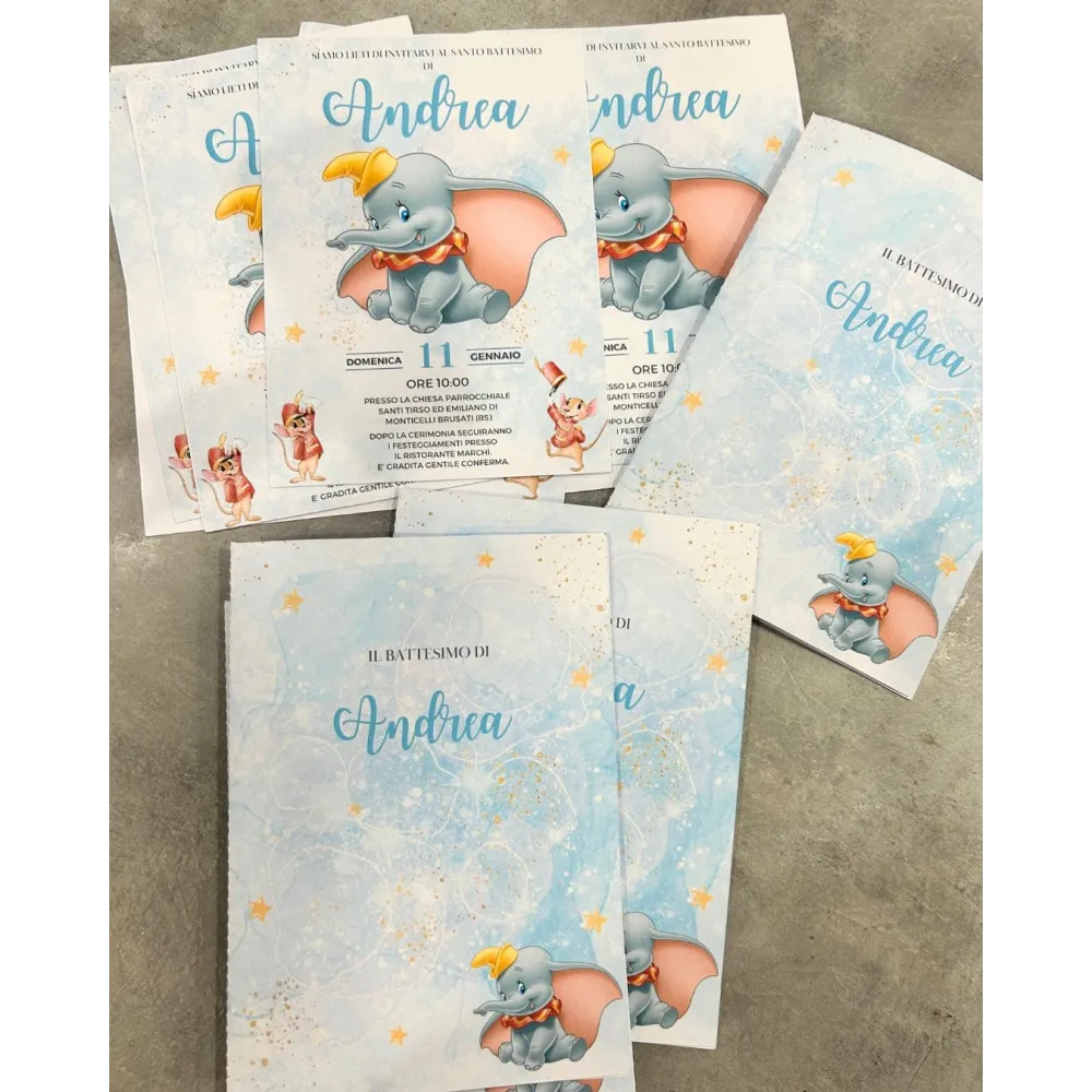Inviti Battesimo Dumbo Personalizzati con Busta | Favole Creative