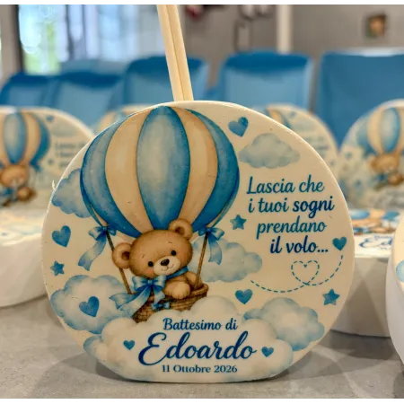 Profumatore Battesimo Orsetto e Mongolfiera Personalizzato 9 cm