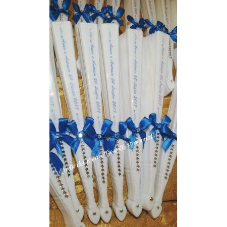Ventaglio Matrimonio Blu Elettrico Personalizzato con Fiocco e Scritta Coordinata