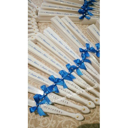 Ventaglio Matrimonio Blu Elettrico Personalizzato con Fiocco per Ospiti