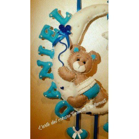 Fiocco Nascita Personalizzato Luna con Orsetto e Nome Daniel - Decorazione Cameretta Bimbo