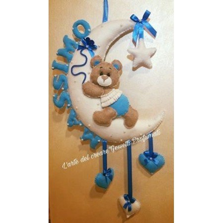Fiocco Nascita Personalizzato Luna con Orsetto e Nome Massimo - Idea Regalo Nascita Bimbo