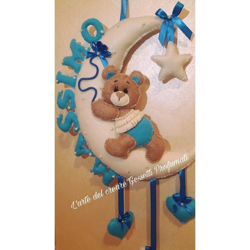 Fiocco Nascita Personalizzato Luna con Orsetto e Nome Massimo - Idea Regalo Nascita Bimbo