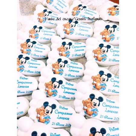 Piedino Profumato Topolino con Orsetto | Bomboniera Artigianale con Testo Personalizzato per Nascita, Battesimo