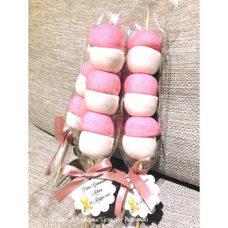 Spiedini Marhmallow con tag personalizzato Battesimo Compleanno