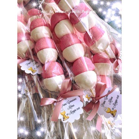 Spiedini Marhmallow con tag personalizzato Battesimo Compleanno