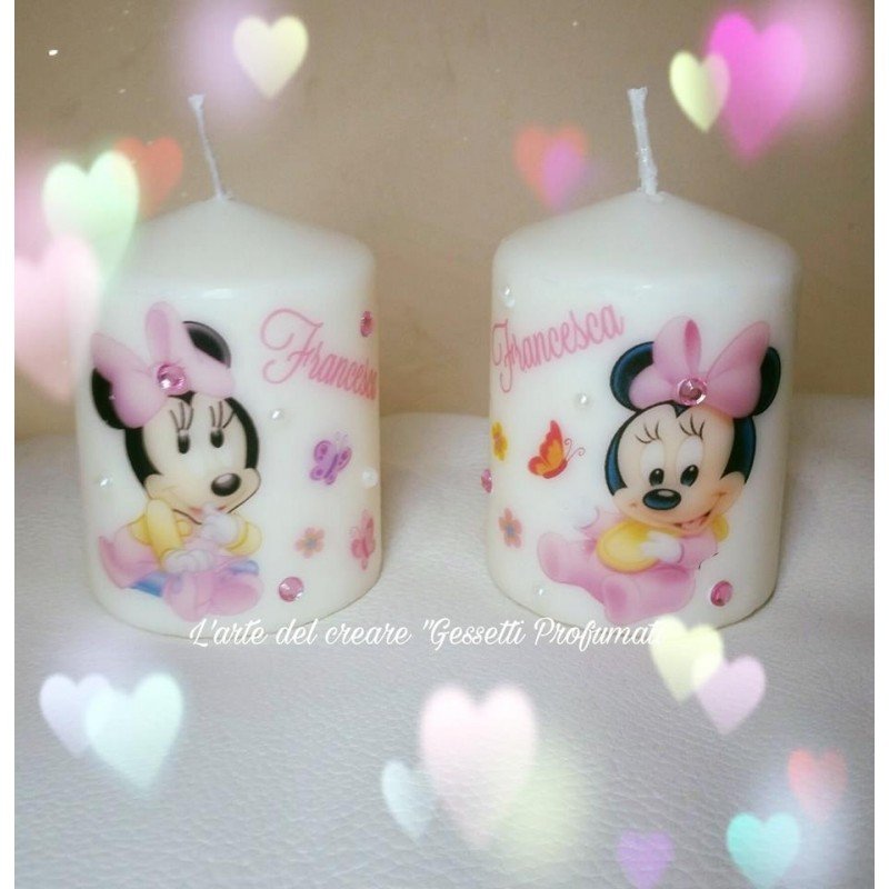 Candela Minnie con Farfalle e Brillantini | Bomboniera Personalizzata con Nome e Illustrazioni Miste
