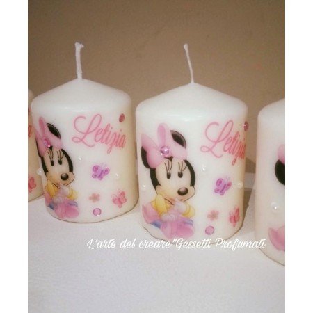 Candela Minnie con Farfalle e Brillantini | Bomboniera Personalizzata con Nome e Illustrazioni Miste