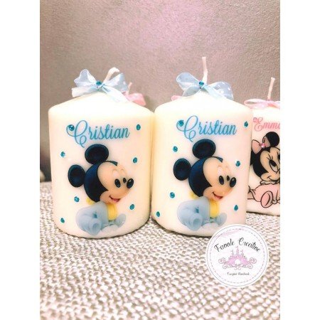 Candela Topolino Baby Personalizzata con Nome | Bomboniera con Brillantini per Battesimo