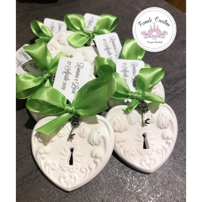 Gessetto Profumato Cuore Serratura con Fiocco Verde e Tag Personalizzato - Bomboniere Matrimonio