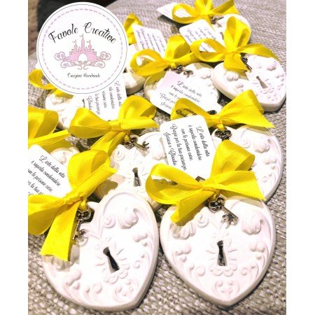 Gessetto Profumato Cuore Serratura con Fiocco Giallo e Tag Personalizzato - Bomboniere Matrimonio