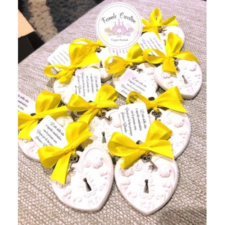Gessetto Profumato Cuore Serratura con Fiocco Giallo e Tag Personalizzato - Bomboniere Matrimonio