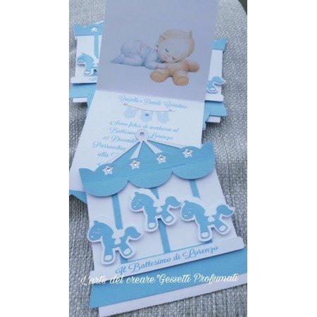 Invito Battesimo Celeste con Bimbo e Orsetto – Partecipazione Personalizzata Maschietto