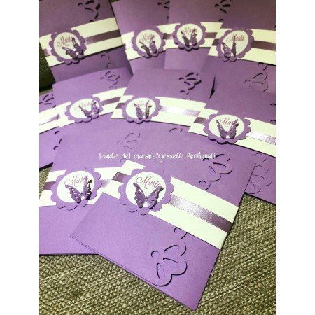 Partecipazione Comunione Farfalla con Fascetta e Nastro Lilla – Invito Personalizzato
