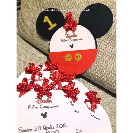 Invito Topolino Primo Compleanno – Forma Originale con Fiocco Rosso