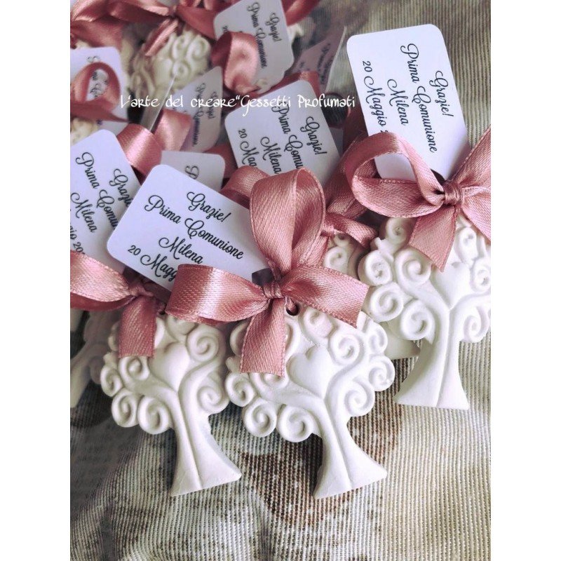 Gessetto Profumato Albero Con Cuore, Fiocco Rosa Antico E Tag Personalizzato Segnaposto Bomboniera
